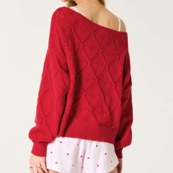 Hollister Heart Print Off the Shoulder Sweater - Red NWT - Picture 5 of 6